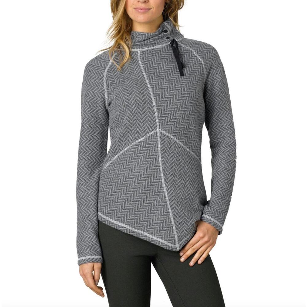 prAna Mattea Mockneck Pullover Sweater in Grey and White Herringbone Size Small